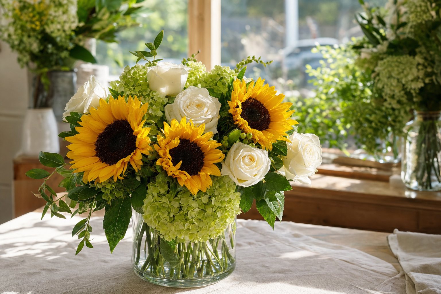 A cheerful arrangement of pollen-free sunflowers, white roses, and green hydrangea on a sunlit flower shop counter