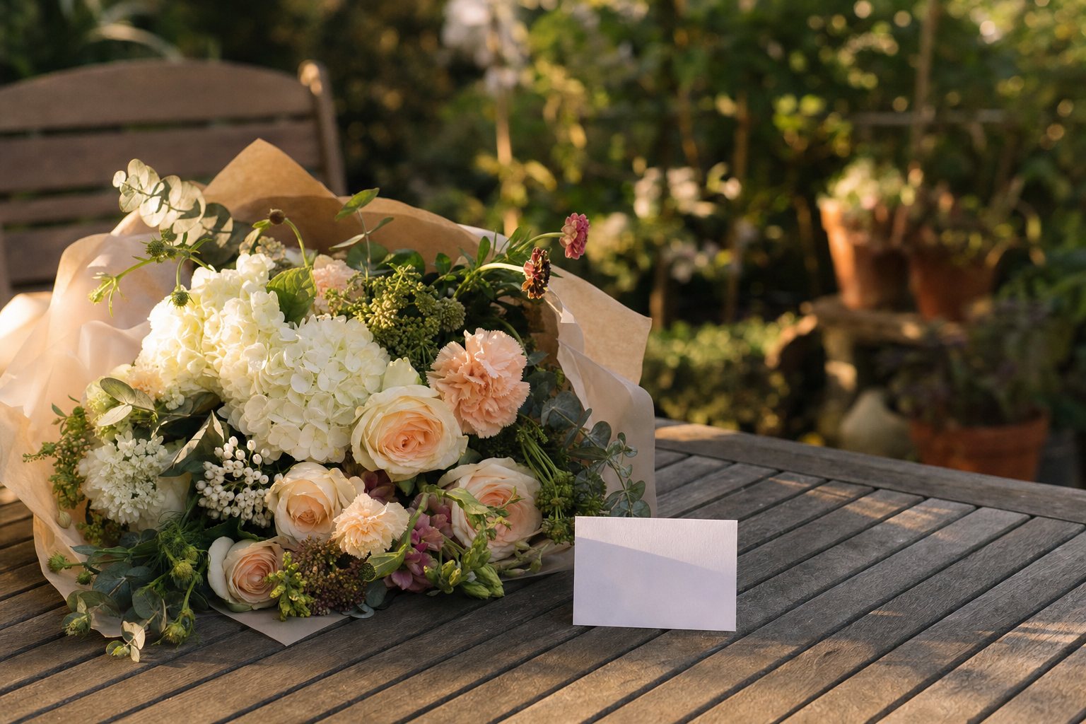 A soft peach and white bouquet with eucalyptus on a wooden table next to a small blank card