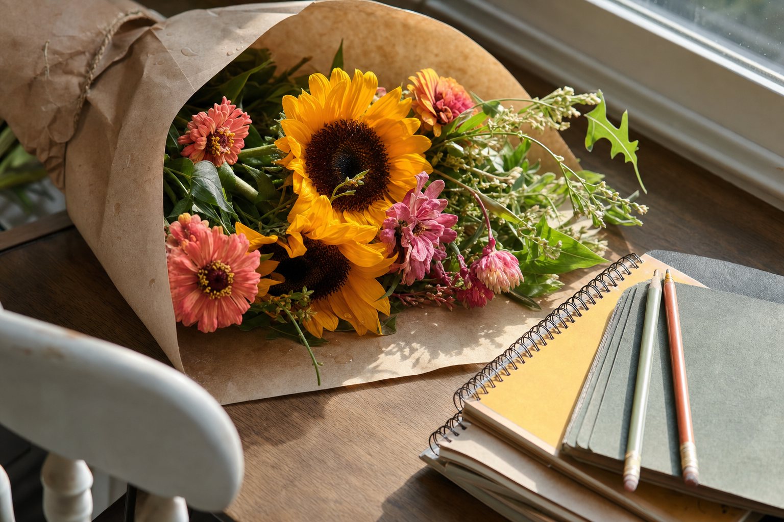 Kraft-paper-wrapped bouquet of sunflowers and zinnias on a wooden desk with notebooks and pencils