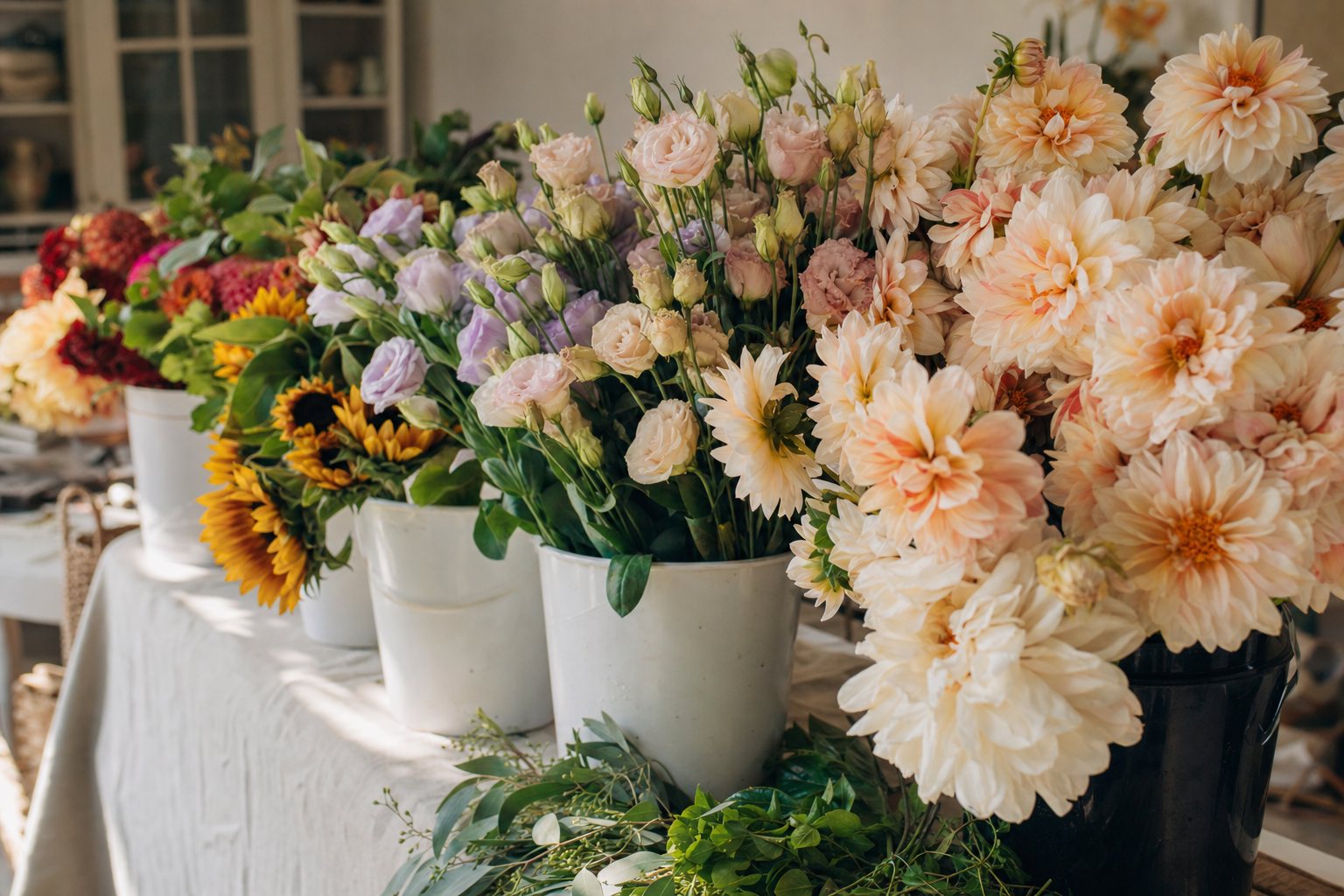 Buckets of freshly delivered dahlias, lisianthus and sunflowers in a sunlit flower shop