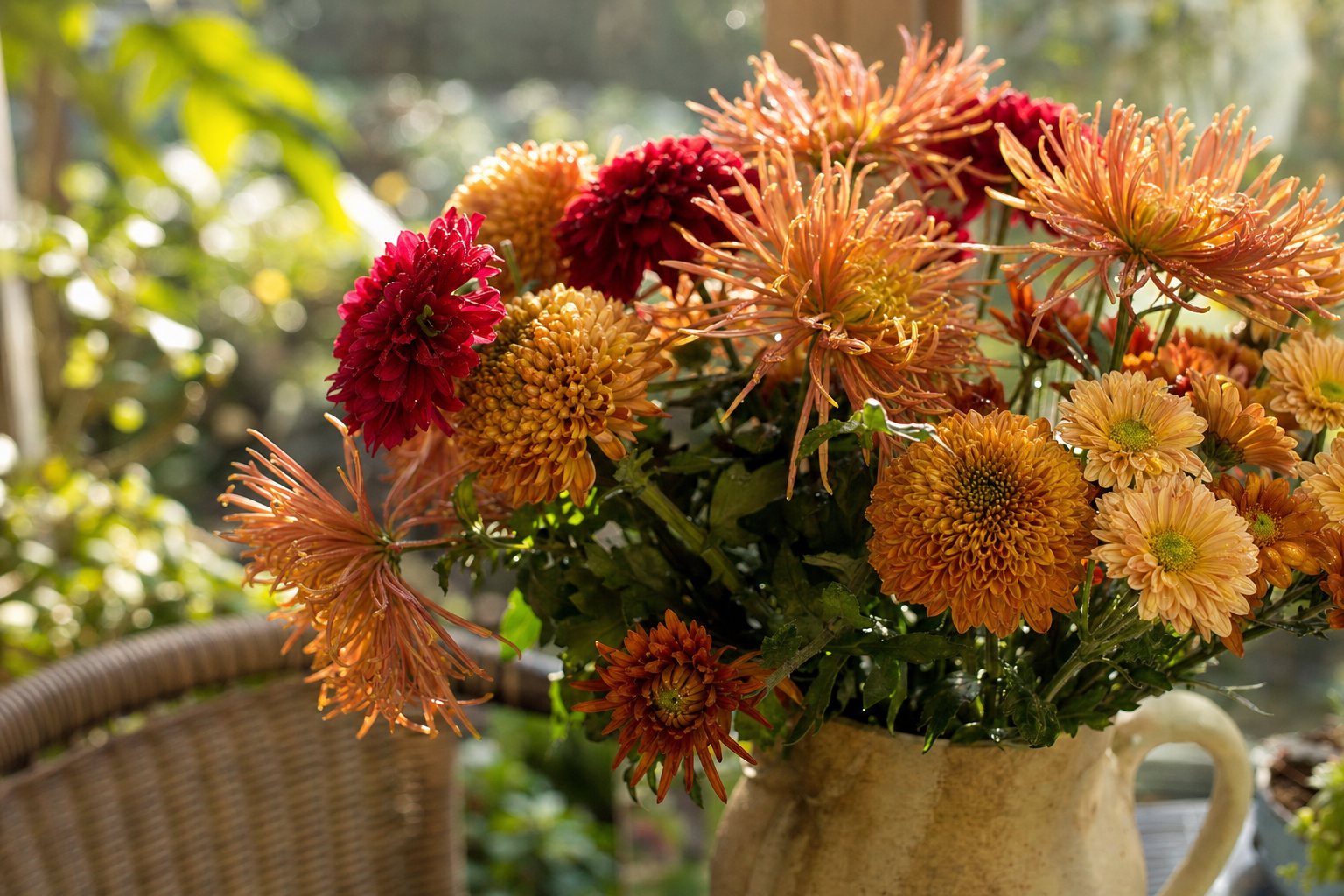Spider, football, and daisy chrysanthemums in bronze and burgundy arranged in a ceramic pitcher in warm sunlight