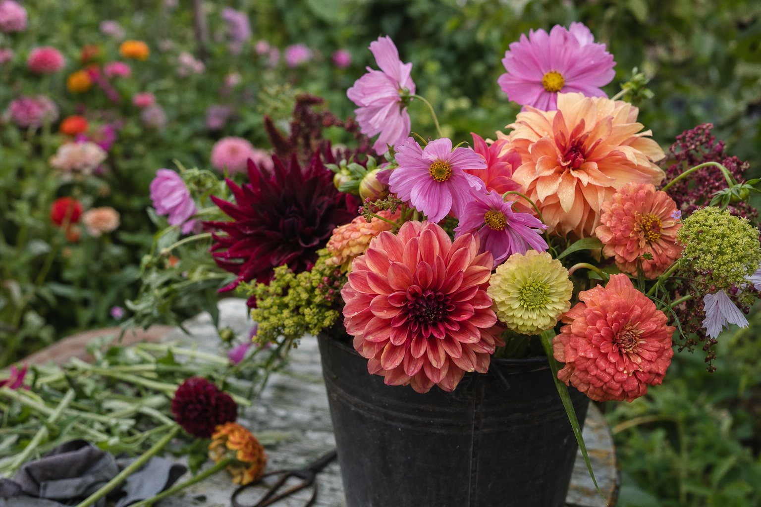 Late-summer cutting garden with zinnias and dahlias and a bucket of fresh-cut stems