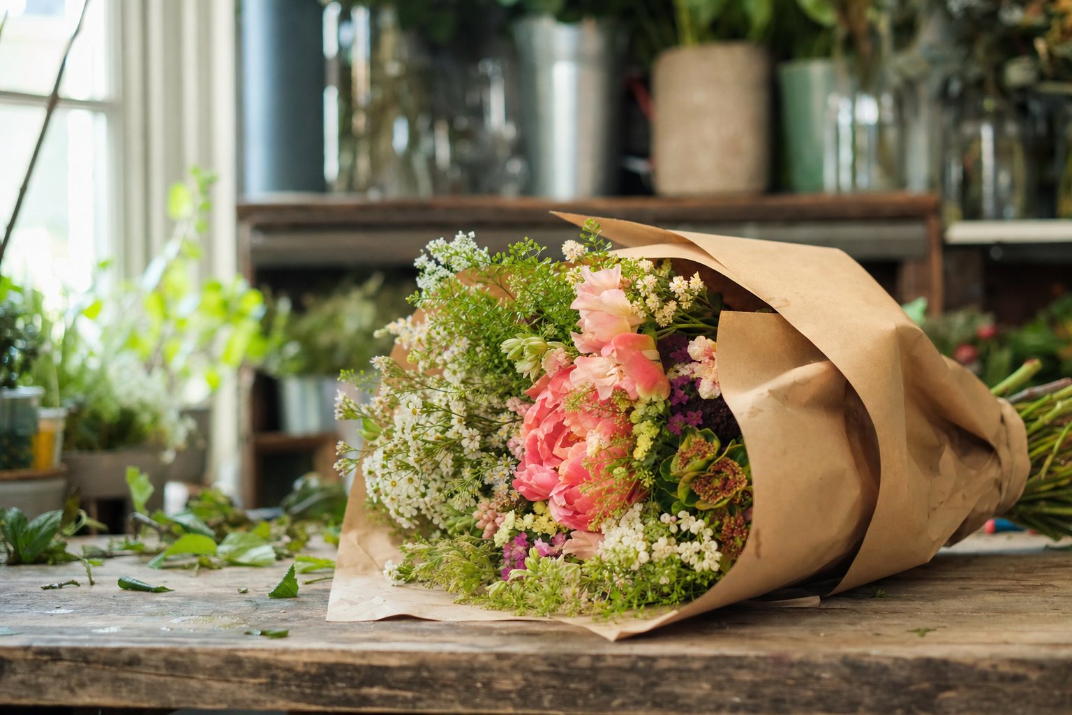 A wrapped bouquet ready for delivery