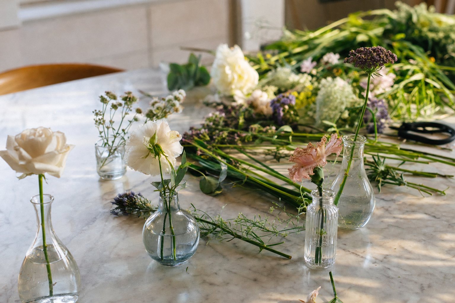 A week-old bouquet being sorted into small bud vases on a sunny kitchen counter