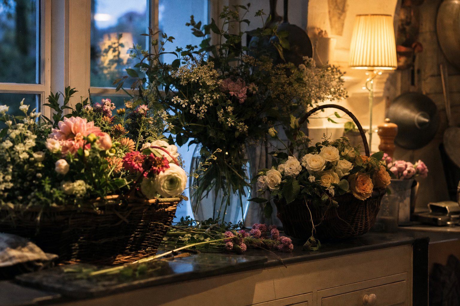 Baskets of fresh seasonal flowers at a shop