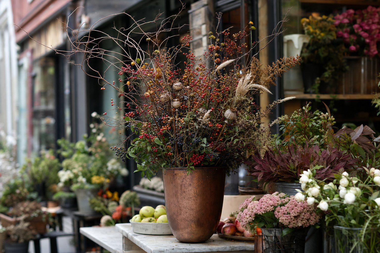 Autumn arrangement of berried stems, branches, seed pods, and grasses in a copper vase on a bright florist workbench