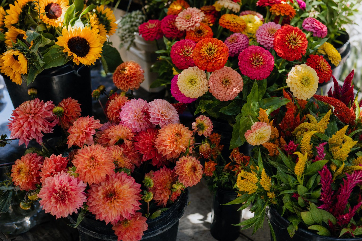 Buckets of dahlias, zinnias, sunflowers and celosia at a sunny farmers market flower stall