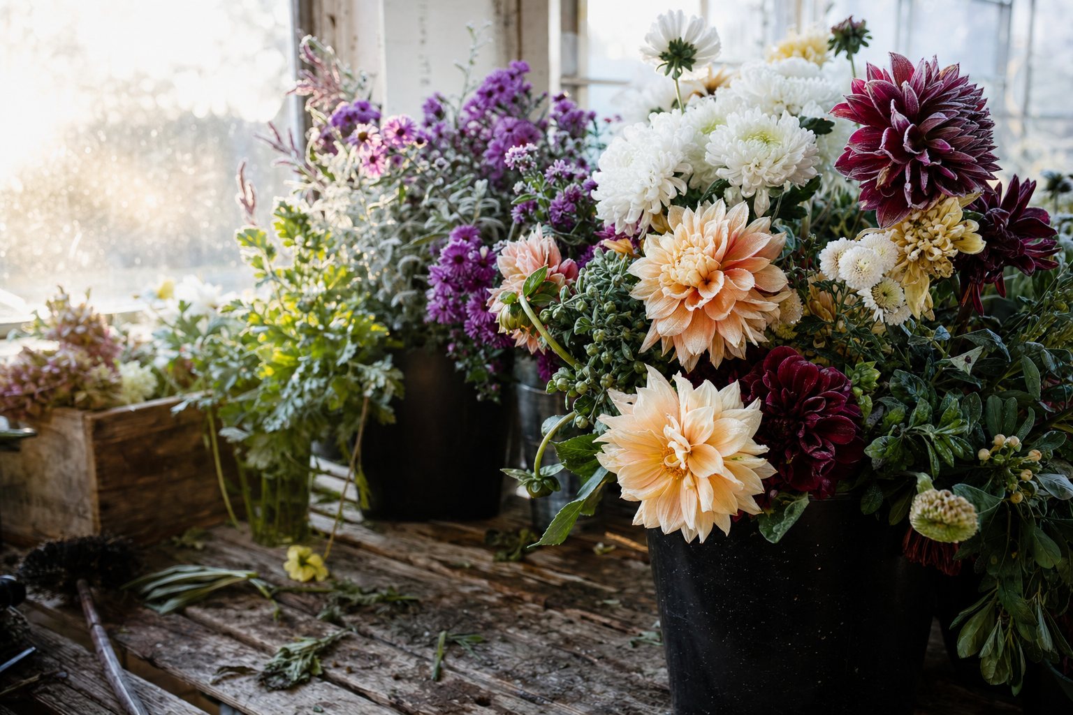 Autumn dahlias, asters and chrysanthemums on a farm stand with frost glinting on the foliage at sunrise