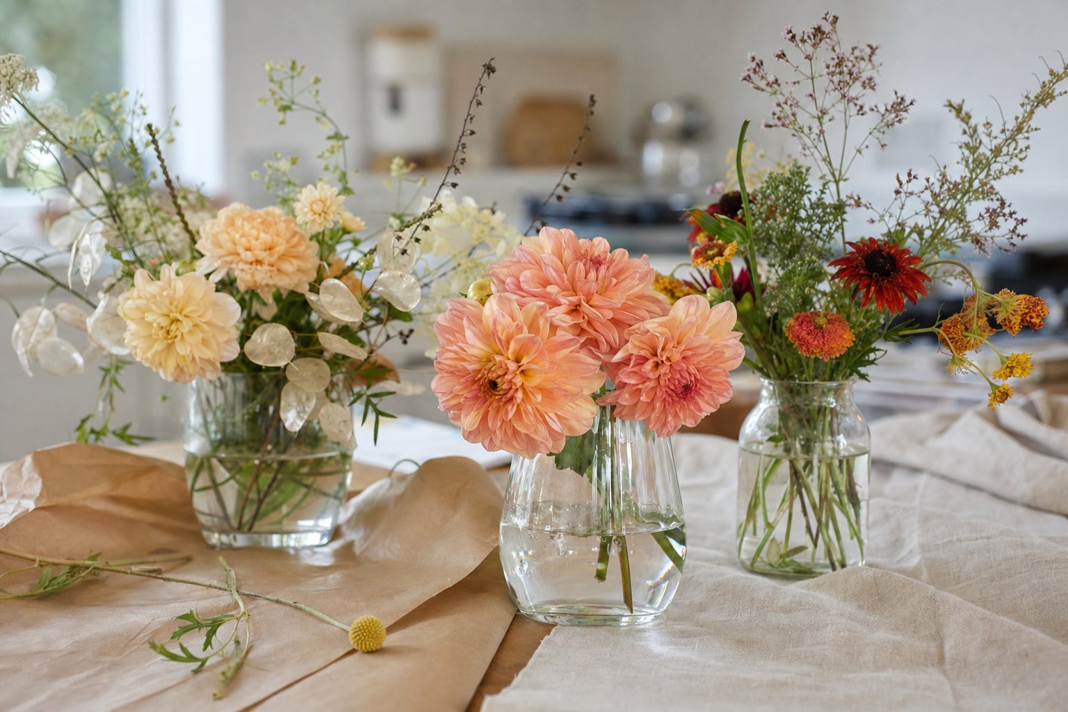 Three small vases of autumn flowers on a sunny kitchen counter beside brown paper wrapping