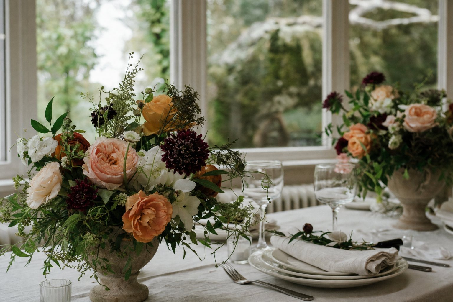 A beautifully set wedding table with floral centerpieces