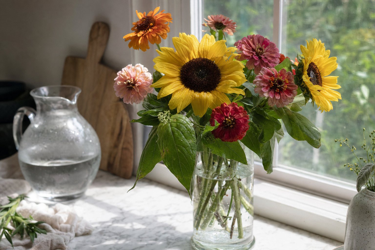 A glass vase of sunflowers and zinnias on a sunlit kitchen counter beside a pitcher of cold water