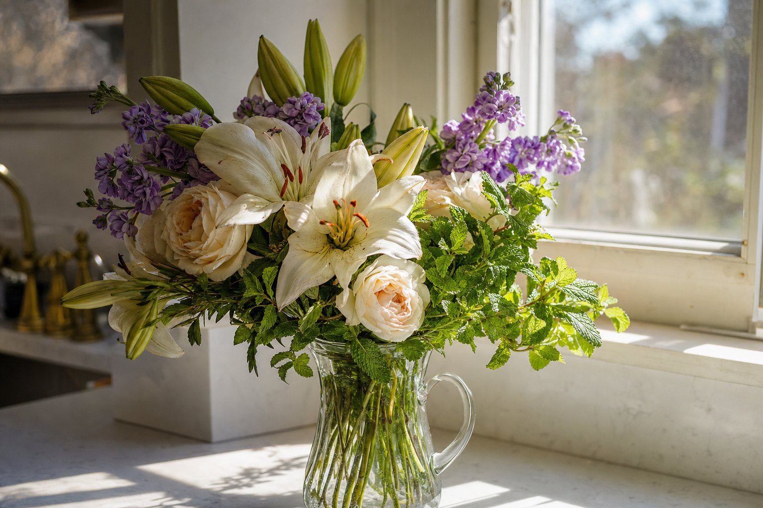 A bright bouquet of white lilies, garden roses, purple stock and mint in a glass pitcher on a sunny counter