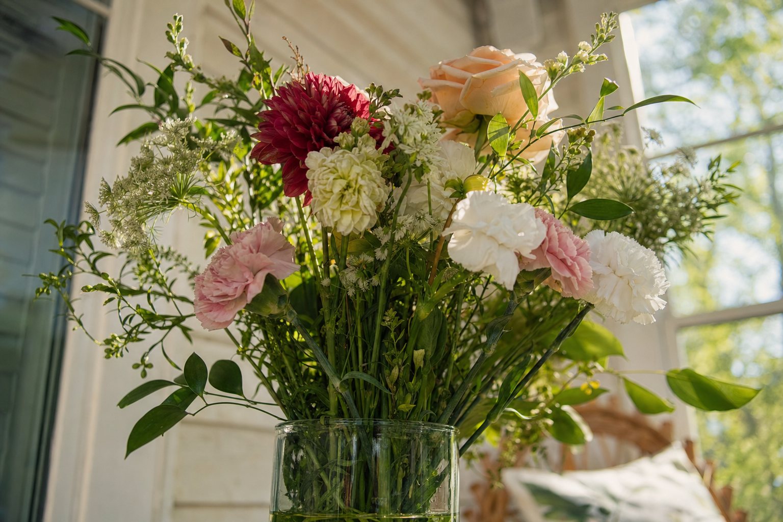 A long-lasting mixed arrangement in a glass vase