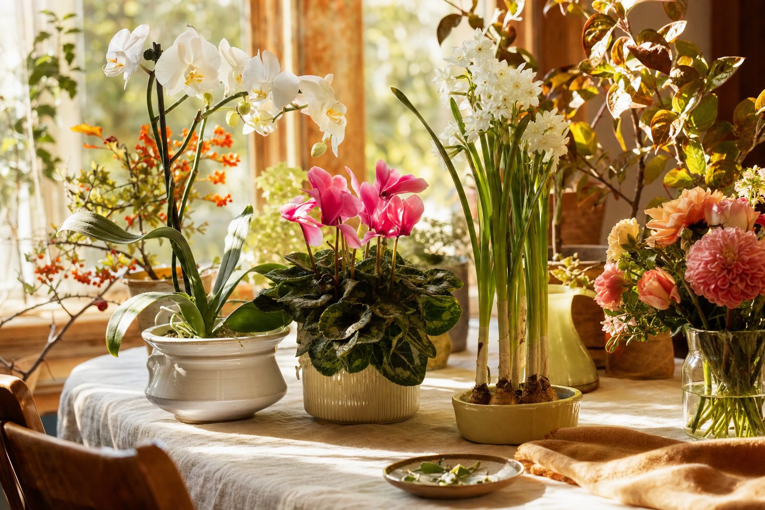 Potted gift plants including a white orchid, pink cyclamen, and paperwhite bulbs on a sunlit florist shop windowsill