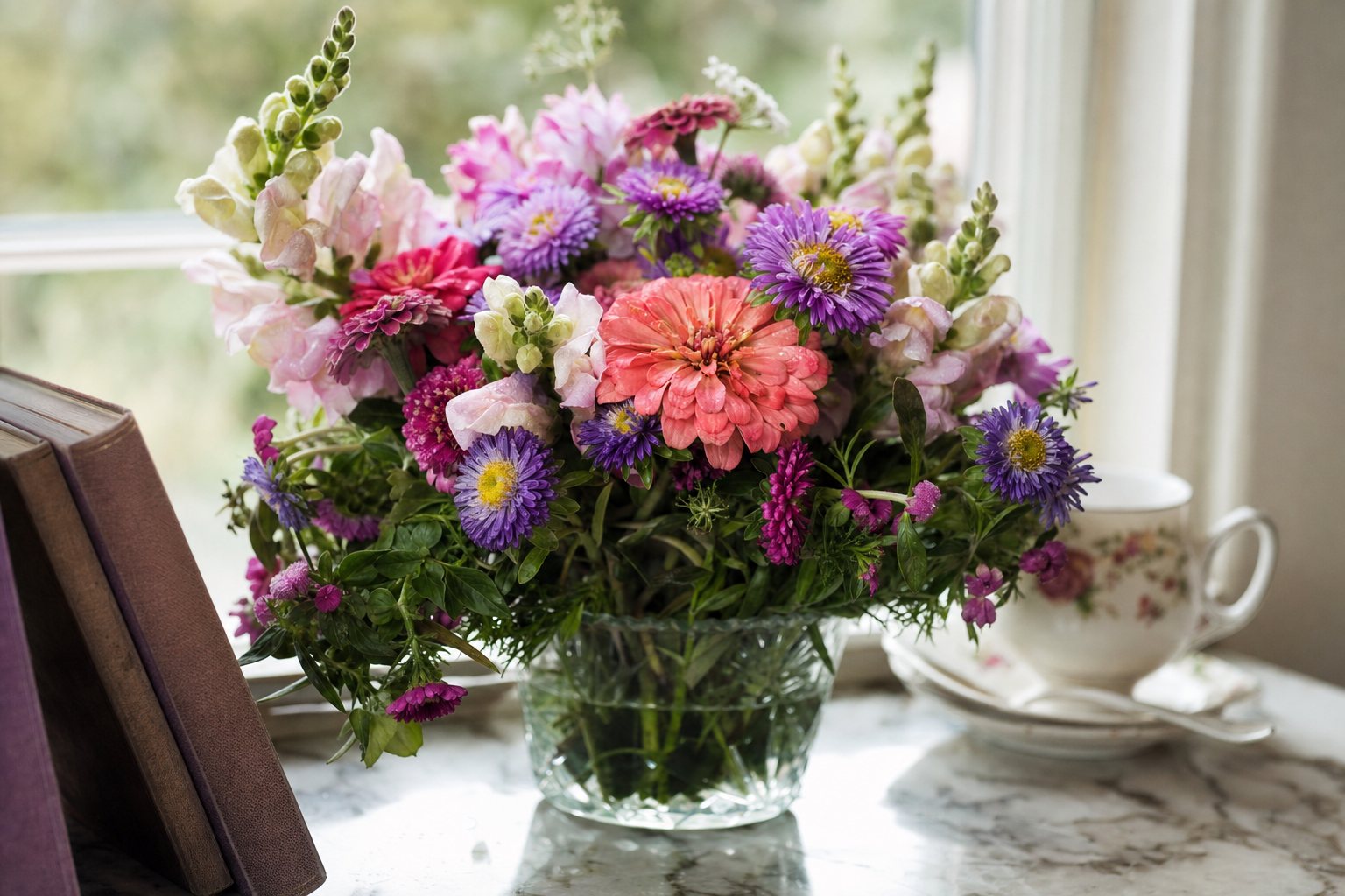 A low, sturdy arrangement of snapdragons, asters and zinnias on a sunny windowsill next to books and a teacup