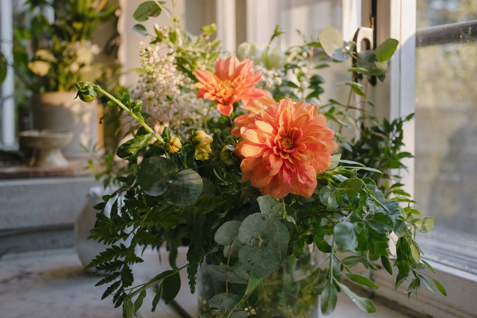 A sunlit summer bouquet full of eucalyptus, glossy green leaves and ferns with a few coral dahlias