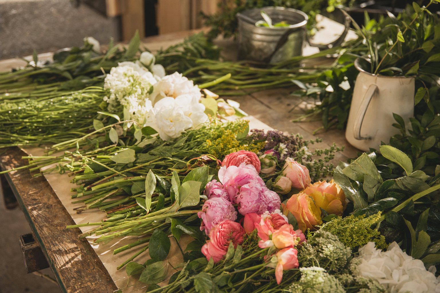 Colorful assorted flowers laid out on a wooden table