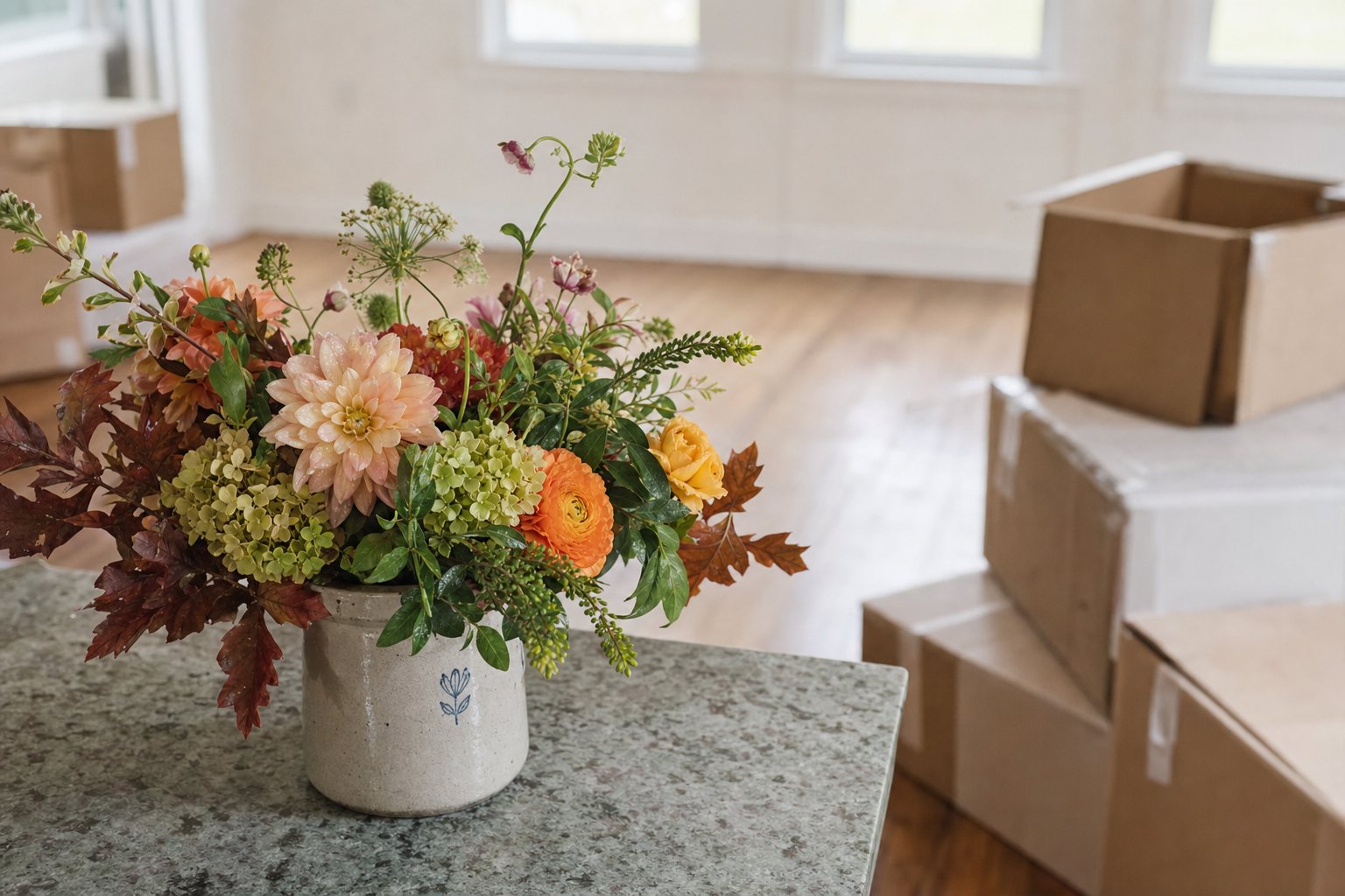 A low autumn bouquet in a ceramic crock on a kitchen counter next to moving boxes in a bright empty room