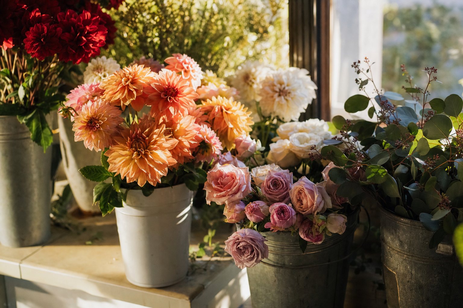 Buckets of fresh dahlias, roses, and eucalyptus in a sunlit flower shop