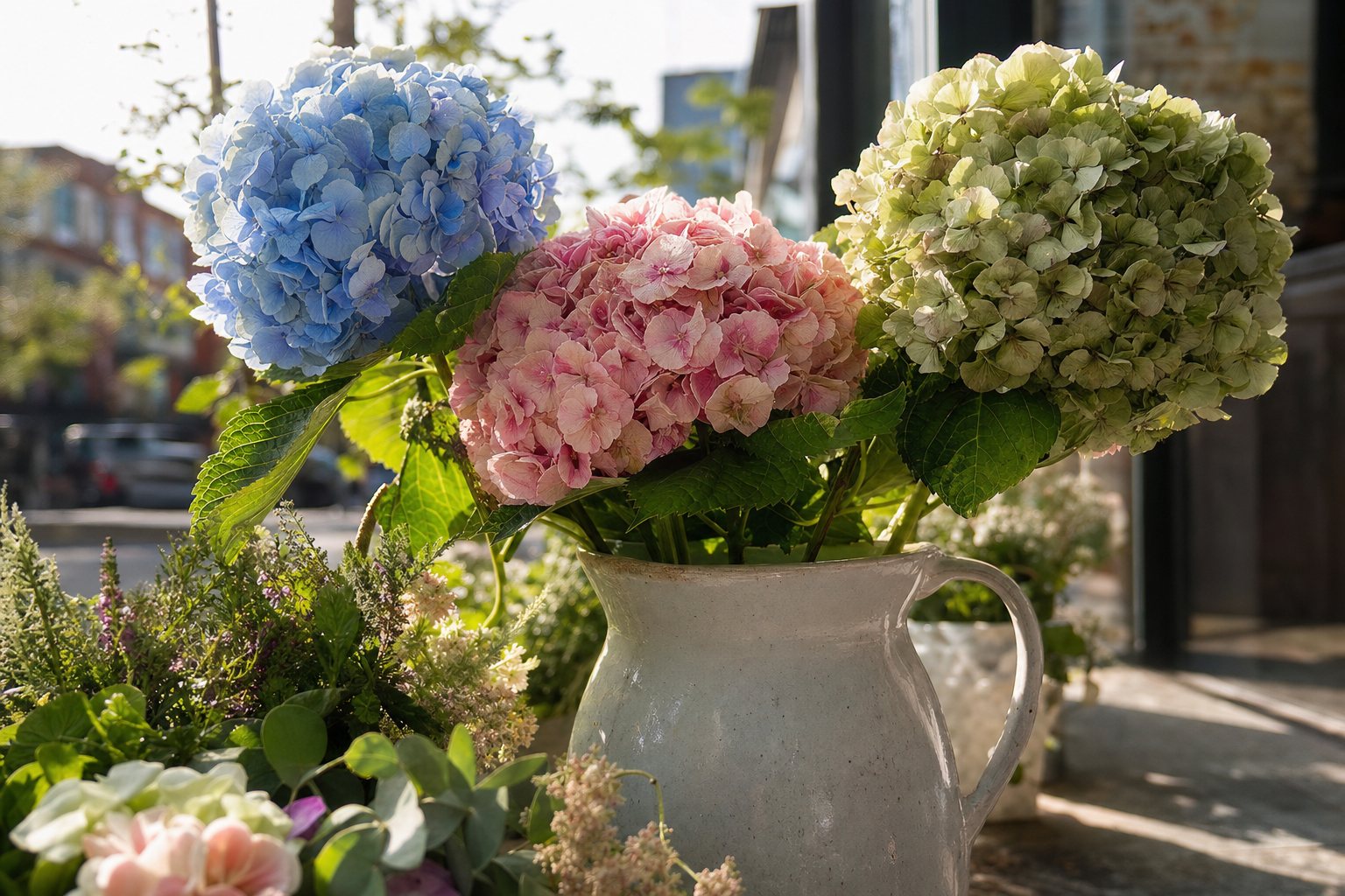 Three large hydrangea blooms in blue, pink, and antique green arranged in a wide ceramic pitcher on a sunny counter