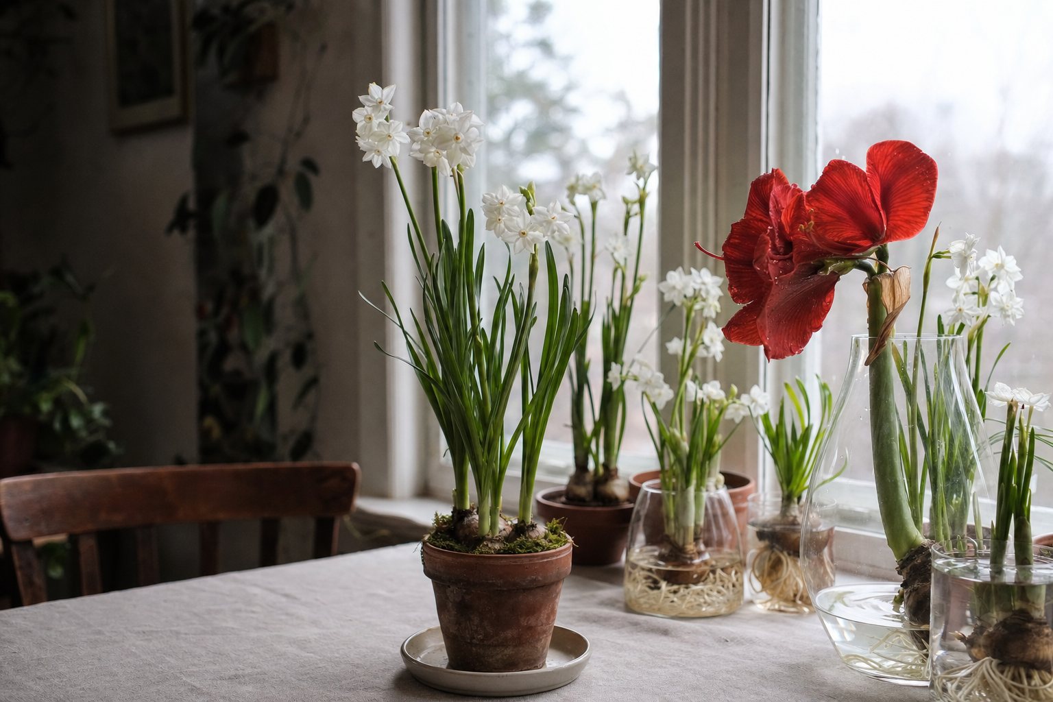 Paperwhites and a red amaryllis blooming in pots and glass vases on a bright windowsill