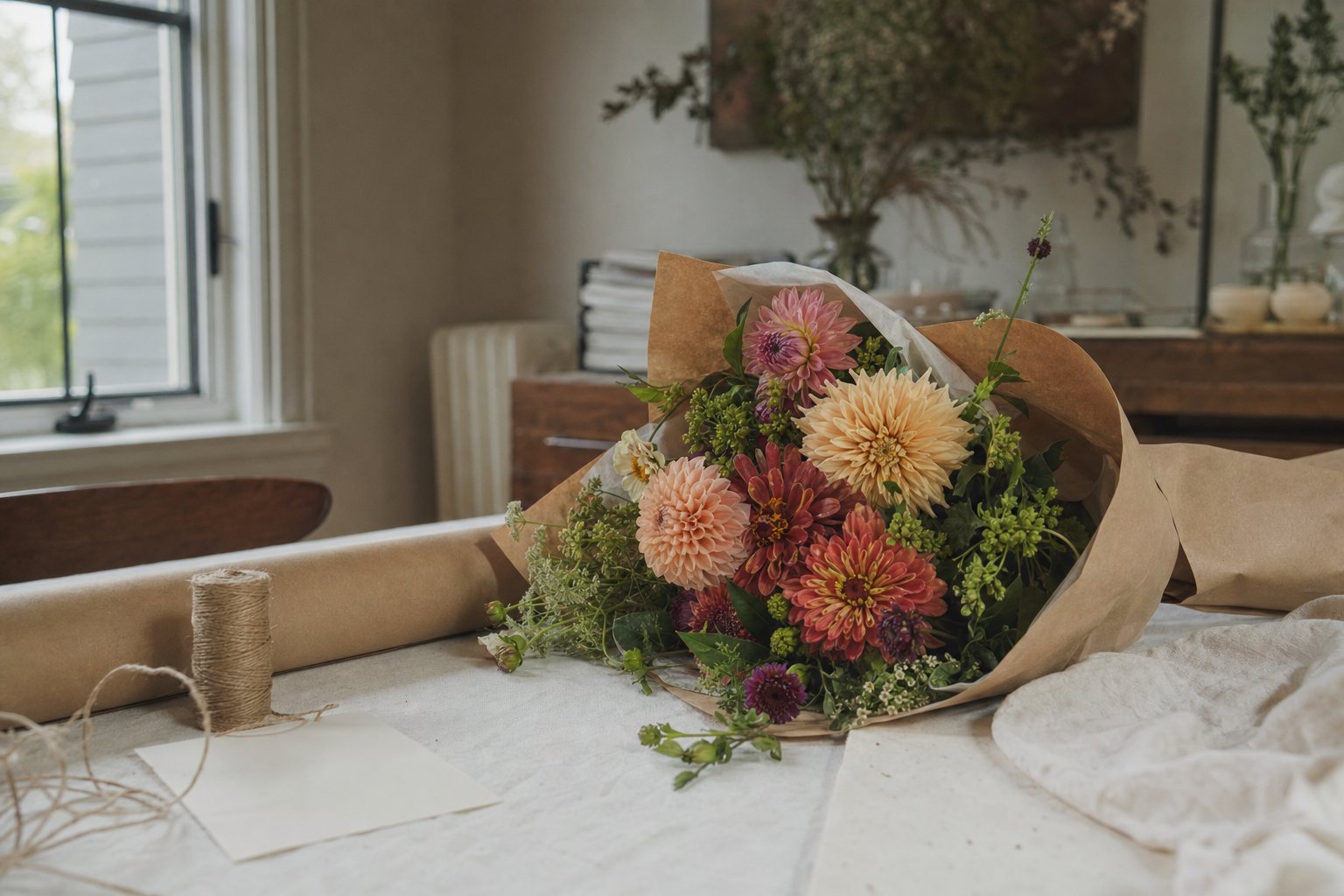 A wrapped late-summer bouquet of dahlias and zinnias on a bright florist workbench next to kraft paper and a blank card
