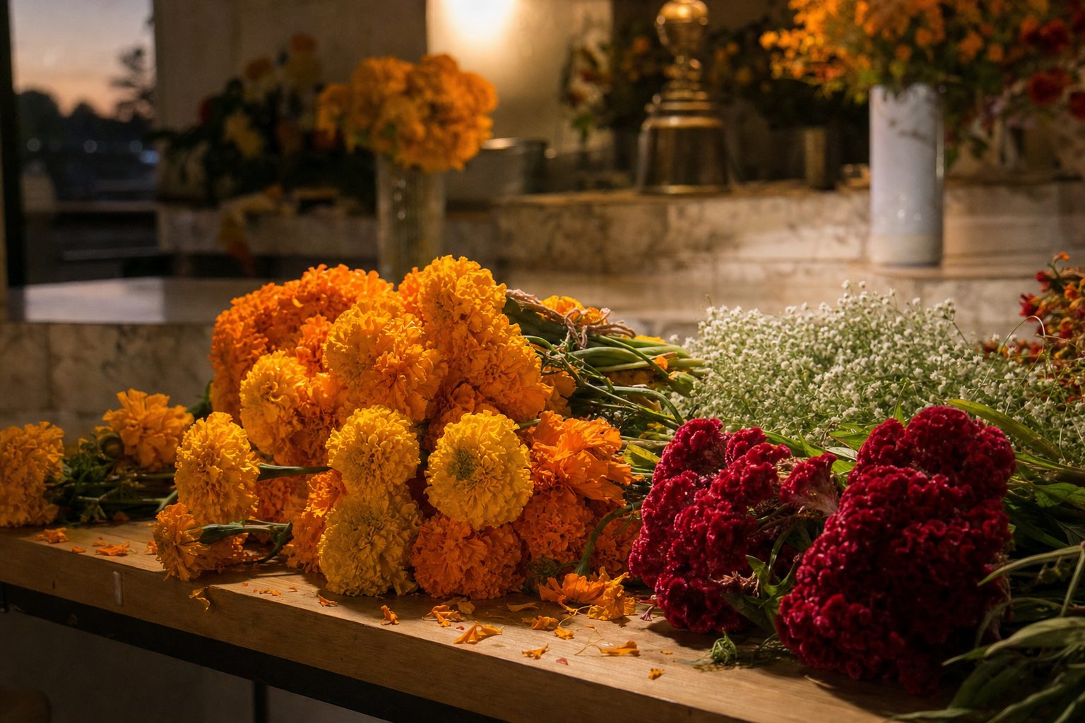 Piles of orange marigolds, red cockscomb celosia, and white baby's breath on a sunlit wooden table with scattered petals