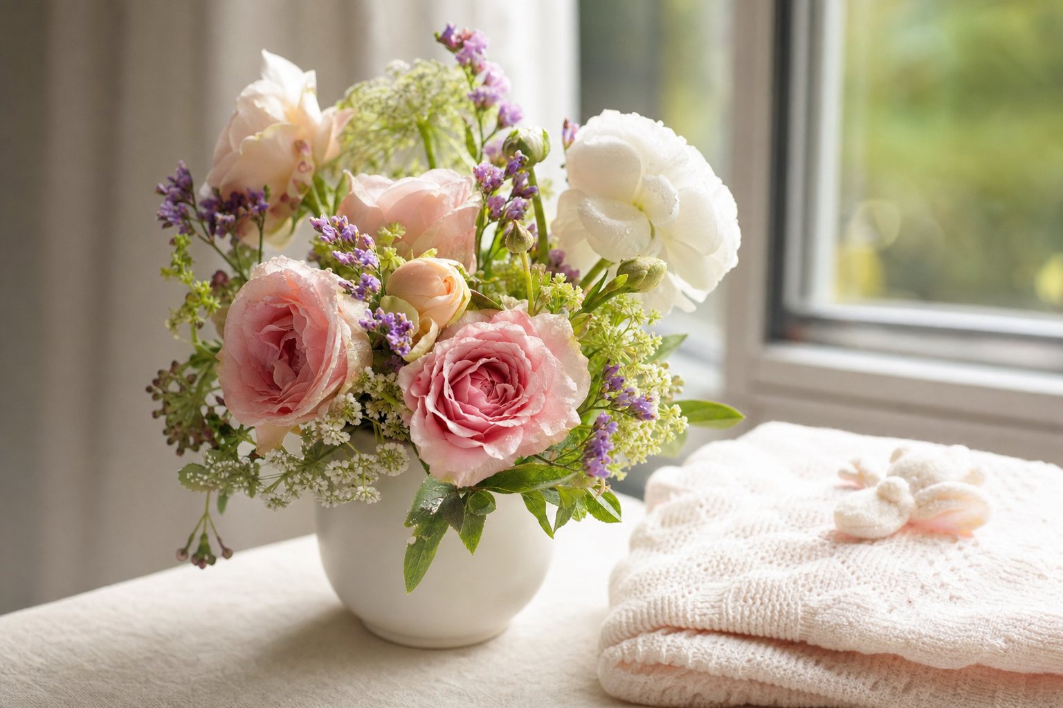 A small pastel bouquet in a short white vase on a sunny windowsill next to a folded baby blanket