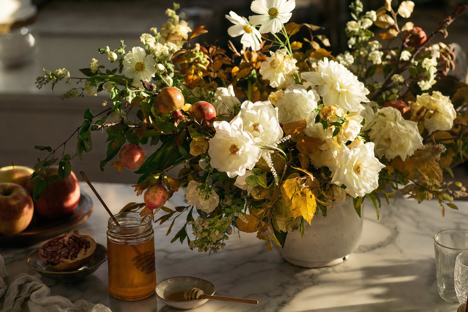 White and gold flower arrangement with pomegranate branches on a holiday table with honey and apples