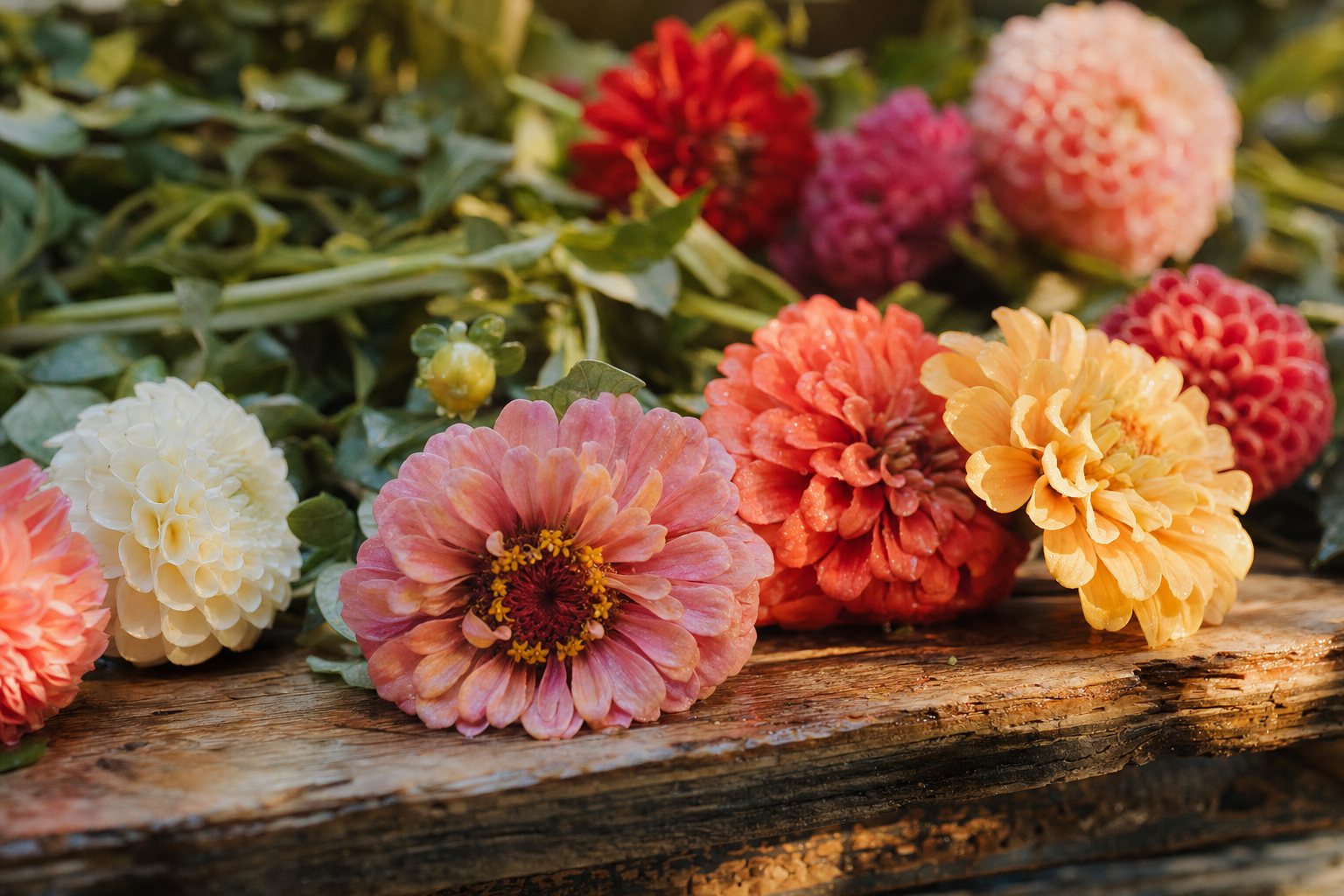 A riot of colorful zinnias