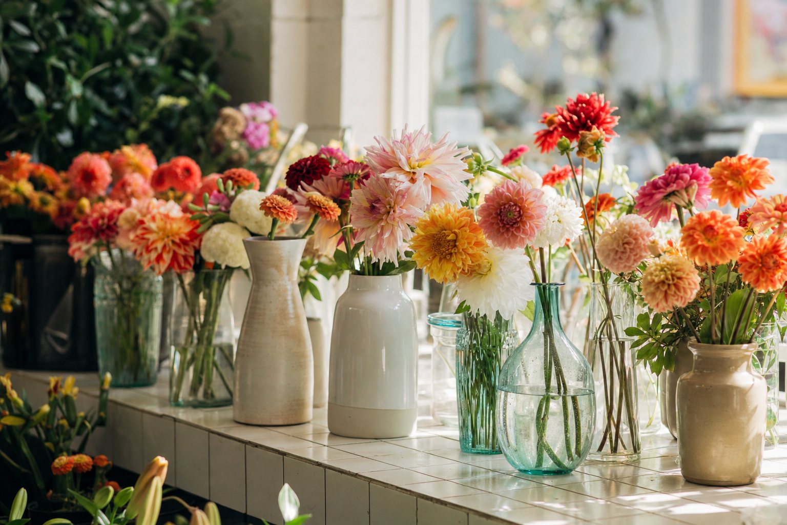A row of glass and ceramic vases of different shapes on a sunny counter, several filled with summer dahlias and zinnias
