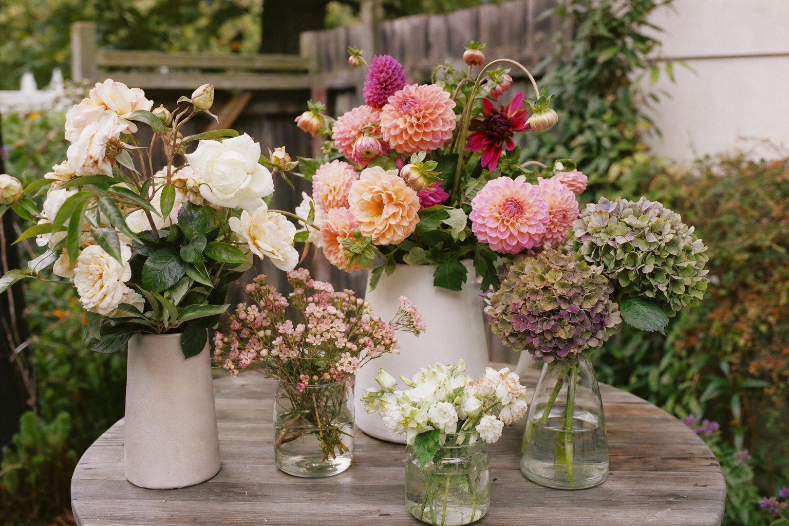 Cheerful fresh flowers displayed on a sunny sidewalk
