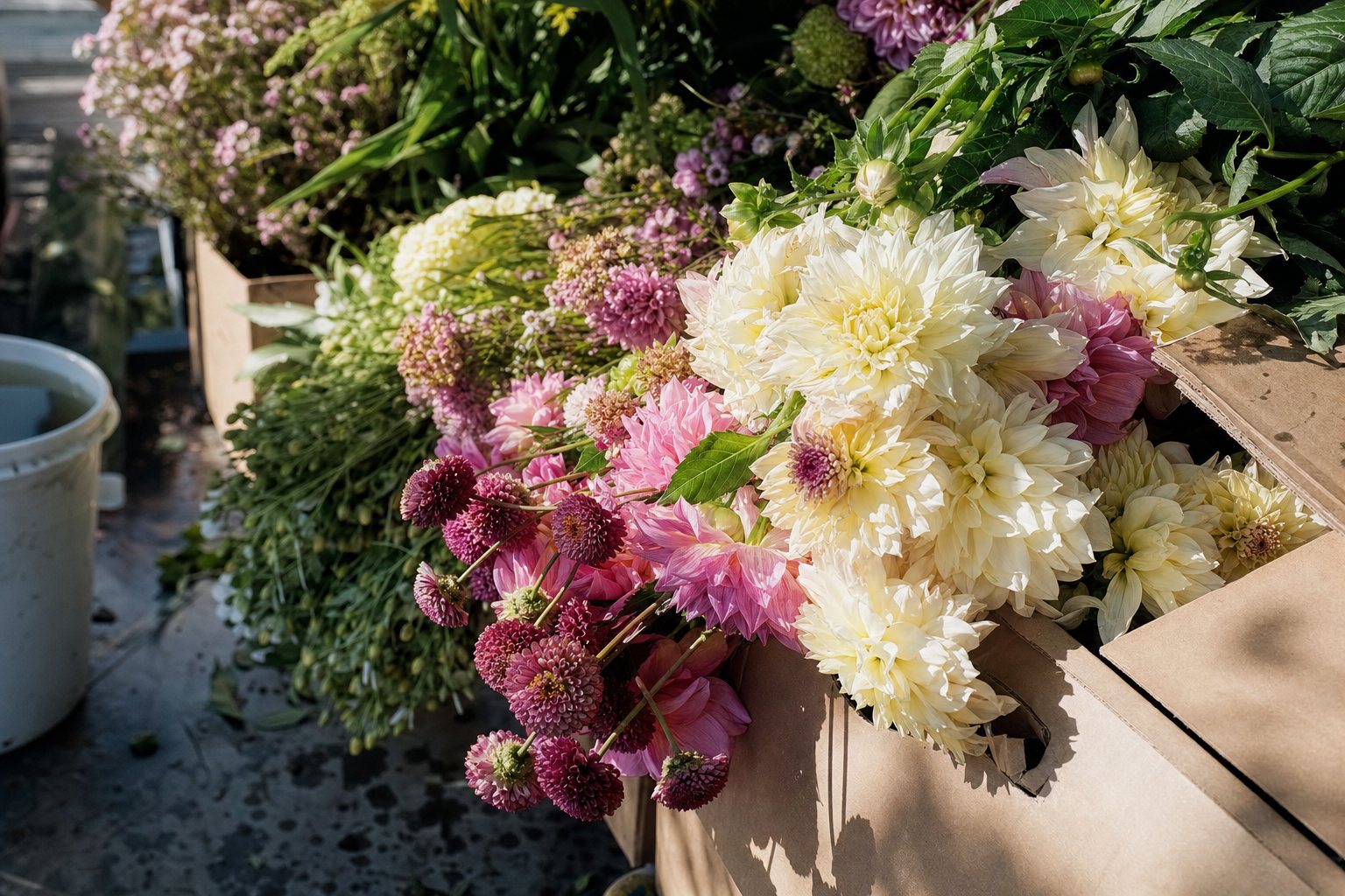 Fresh flower bundles spilling from shipping boxes onto a sunlit florist workbench with buckets of water nearby