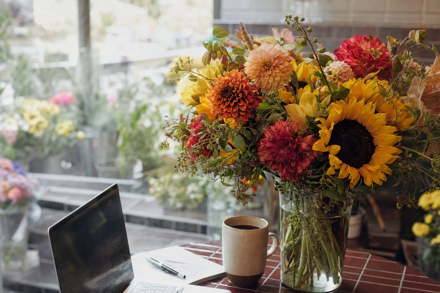 A cheerful autumn bouquet of dahlias and sunflowers on a sunlit office desk next to a coffee mug