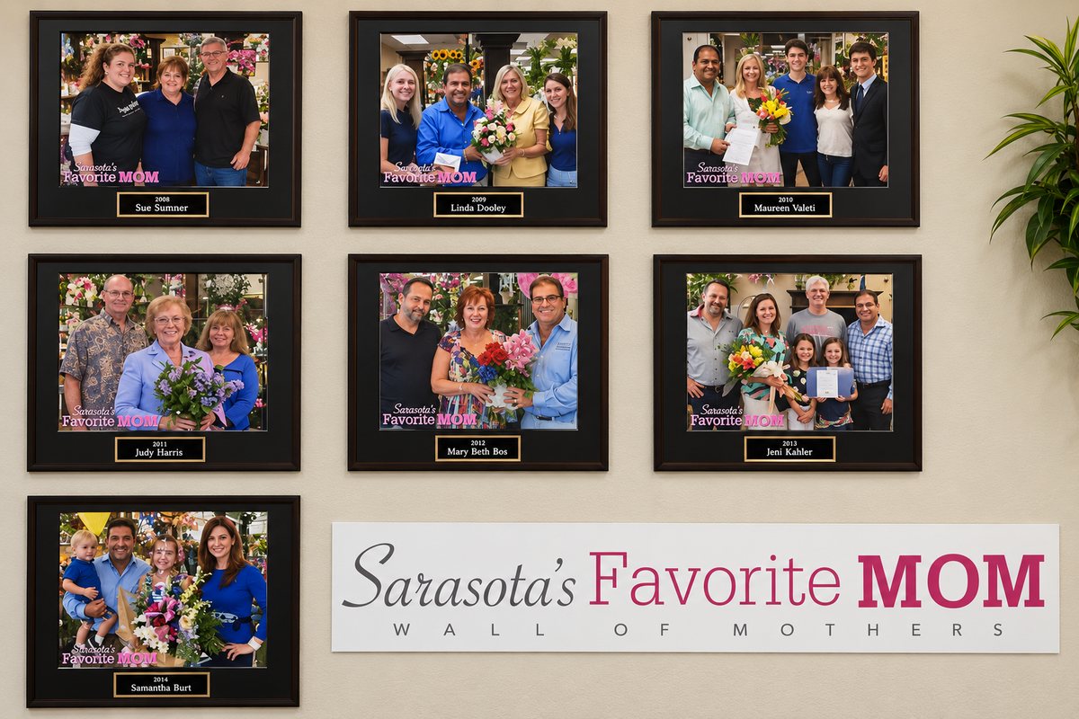 The Sarasota's Favorite Mom Wall of Mothers: framed photos of the winners from 2008 to 2014